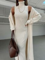 Женское Молочное Платье Макси в Рубчик без Рукавов с Высоким Воротником + Длинный Кардиган (Комплект)