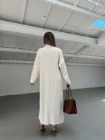 Женское Молочное Платье Макси в Рубчик без Рукавов с Высоким Воротником + Длинный Кардиган (Комплект)