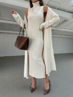 Женское Молочное Платье Макси в Рубчик без Рукавов с Высоким Воротником + Длинный Кардиган (Комплект)