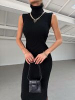 Женское Черное Платье Миди в Рубчик без Рукавов с Высоким Воротником + Длинный Кардиган (Комплект)