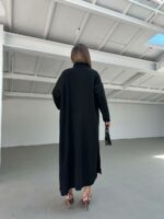 Женское Черное Платье Миди в Рубчик без Рукавов с Высоким Воротником + Длинный Кардиган (Комплект)