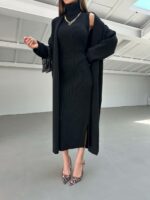 Женское Черное Платье Миди в Рубчик без Рукавов с Высоким Воротником + Длинный Кардиган (Комплект)