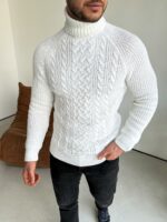Мужской Теплый Классический Белый Свитер Косичка с Высокой Горловиной