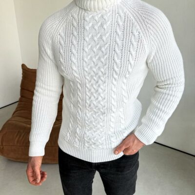 Мужской Теплый Классический Белый Свитер Косичка с Высокой Горловиной