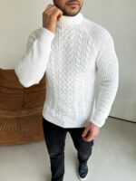 Мужской Теплый Классический Белый Свитер Косичка с Высокой Горловиной
