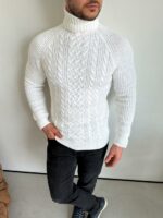 Мужской Теплый Классический Белый Свитер Косичка с Высокой Горловиной