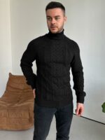 Мужской Теплый Классический Черный Свитер Косичка с Высокой Горловиной
