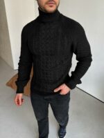 Мужской Теплый Классический Черный Свитер Косичка с Высокой Горловиной