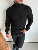 Мужской Теплый Классический Черный Свитер Косичка с Высокой Горловиной