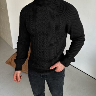Мужской Теплый Классический Черный Свитер Косичка с Высокой Горловиной
