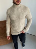 Мужской Теплый Классический Бежевый Свитер с Двойной Горловиной