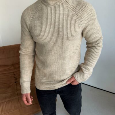 Мужской Теплый Классический Бежевый Свитер с Двойной Горловиной
