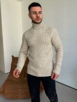 Мужской Теплый Классический Бежевый Свитер с Двойной Горловиной