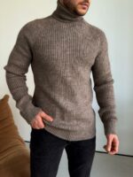 Мужской Теплый Классический Свитер Мокко с Двойной Горловиной