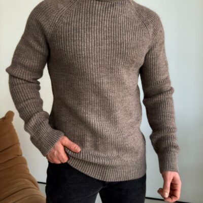 Мужской Теплый Классический Свитер Мокко с Двойной Горловиной