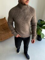 Мужской Теплый Классический Свитер Мокко с Двойной Горловиной