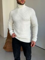Мужской Теплый Классический Белый Свитер с Двойной Горловиной