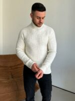 Мужской Теплый Классический Белый Свитер с Двойной Горловиной