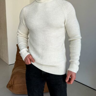 Мужской Теплый Классический Белый Свитер с Двойной Горловиной