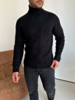 Мужской Теплый Классический Черный Свитер с Двойной Горловиной