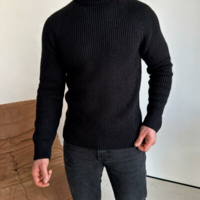 Мужской Теплый Классический Черный Свитер с Двойной Горловиной