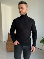 Мужской Теплый Классический Черный Свитер с Двойной Горловиной