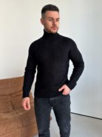 Мужской Теплый Классический Черный Свитер с Двойной Горловиной