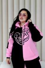 Женский Черно-Розовый Спортивный Костюм с Принтом - Утепленный на Флисе