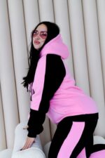 Женский Черно-Розовый Спортивный Костюм с Принтом - Утепленный на Флисе