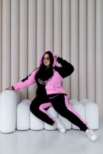 Женский Черно-Розовый Спортивный Костюм с Принтом - Утепленный на Флисе