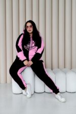 Женский Черно-Розовый Спортивный Костюм с Принтом - Утепленный на Флисе