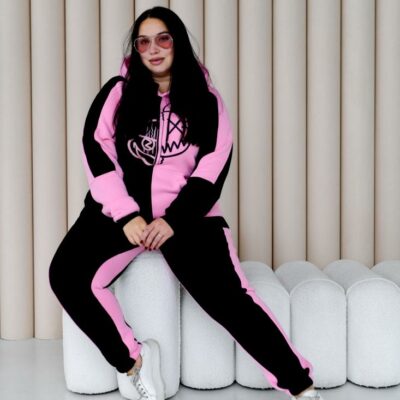 Женский Черно-Розовый Спортивный Костюм с Принтом - Утепленный на Флисе
