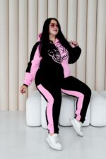 Женский Черно-Розовый Спортивный Костюм с Принтом - Утепленный на Флисе