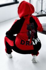 Женский Черно-Красный Спортивный Костюм с Принтом - Утепленный на Флисе