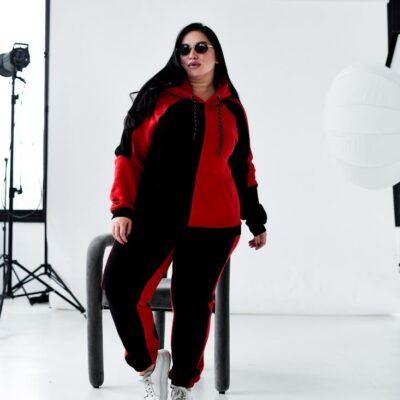 Женский Черно-Красный Спортивный Костюм с Принтом - Утепленный на Флисе