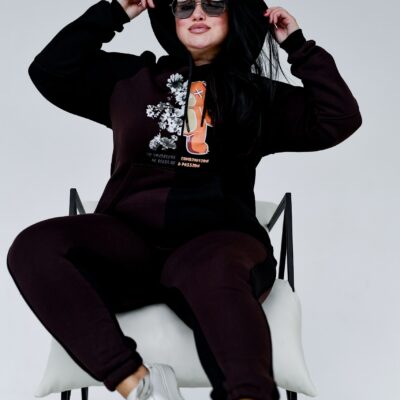 Женский Черно-Коричневый Спортивный Костюм с Принтом - Утепленный на Флисе