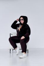 Женский Черно-Коричневый Спортивный Костюм с Принтом - Утепленный на Флисе