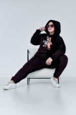 Женский Черно-Коричневый Спортивный Костюм с Принтом - Утепленный на Флисе