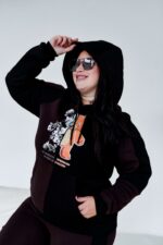 Женский Черно-Коричневый Спортивный Костюм с Принтом - Утепленный на Флисе