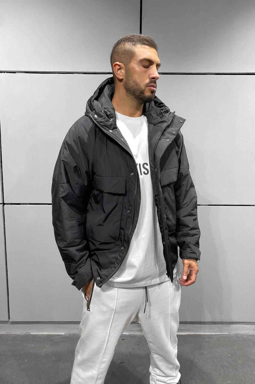 photo_2025-11-14_00-25-01 Мужская Демисезонная Черная Куртка с Капюшоном и Большими Карманами