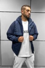 Мужская Демисезонная Темно-Синяя Куртка с Капюшоном и Большими Карманами