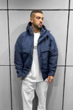 Мужская Демисезонная Темно-Синяя Куртка с Капюшоном и Большими Карманами