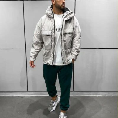 Мужская Демисезонная Серая Куртка с Капюшоном и Большими Карманами