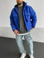 Мужская Демисезонная Синяя Куртка с Капюшоном и Большими Карманами