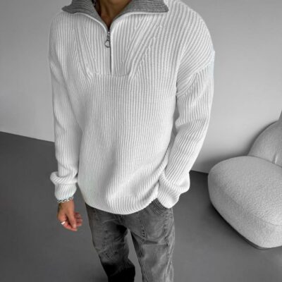Мужской Теплый Белый Свитер с Высокой Горловиной на Коротком Замке