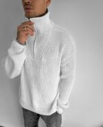 Мужской Теплый Белый Свитер с Высокой Горловиной на Коротком Замке