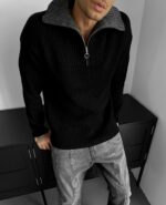 Мужской Теплый Черный Свитер с Высокой Горловиной на Коротком Замке