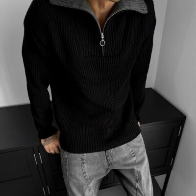 Мужской Теплый Черный Свитер с Высокой Горловиной на Коротком Замке