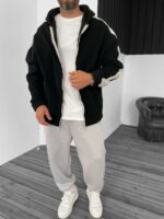 Мужская Теплая Флисовая Черная Кофта Зипка с Лампасами - Зип Худи Оверсайз на Молнии