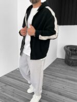 Мужская Теплая Флисовая Черная Кофта Зипка с Лампасами - Зип Худи Оверсайз на Молнии